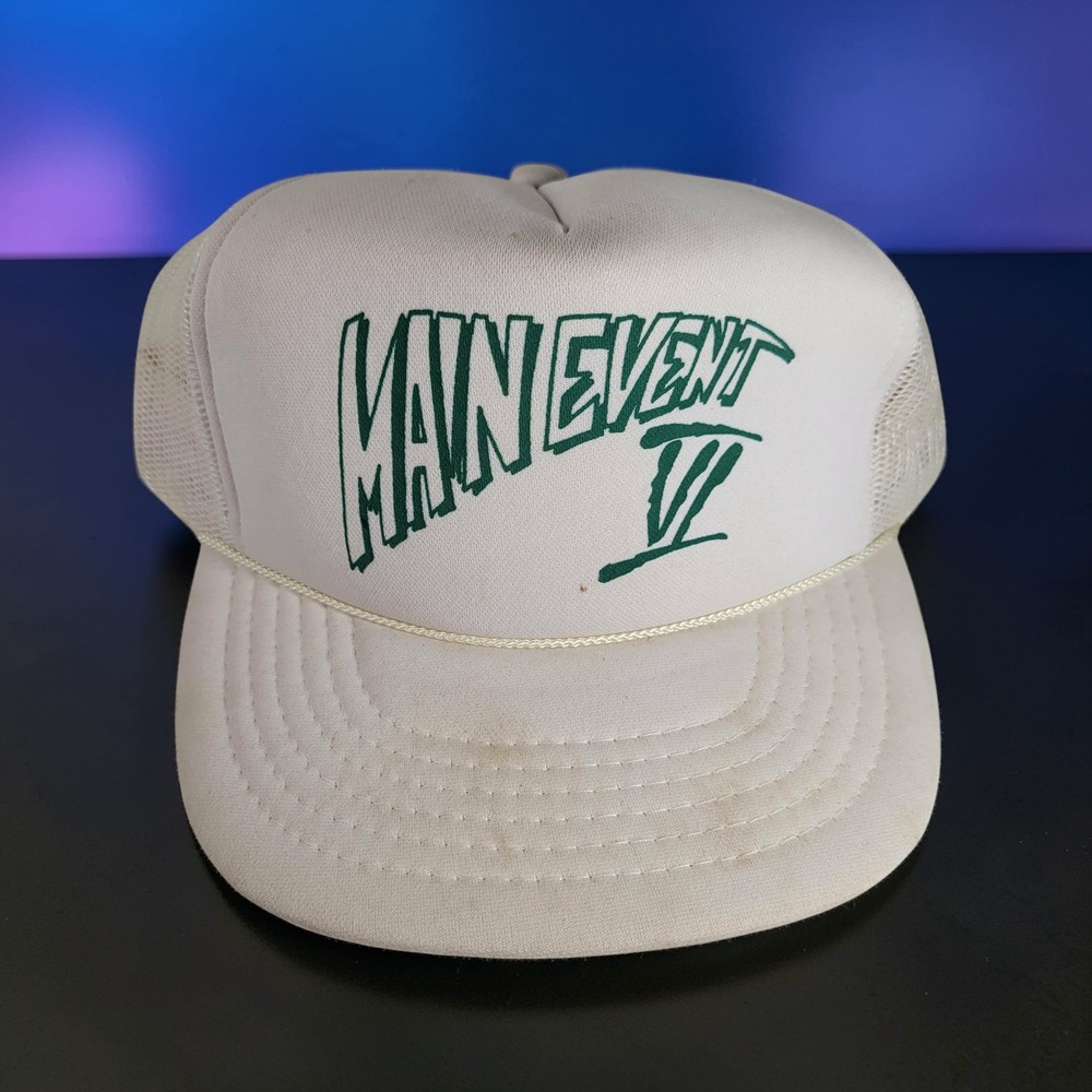 Vintage Main Event VI Trucker Hat Off White Green Mesh Snapback Cap 80s Foam